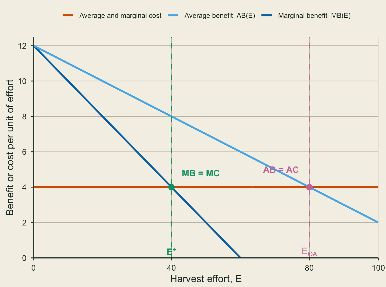 Marginal and average benefits with constant marginal and average cost. Efficient and open-access effort are marked.