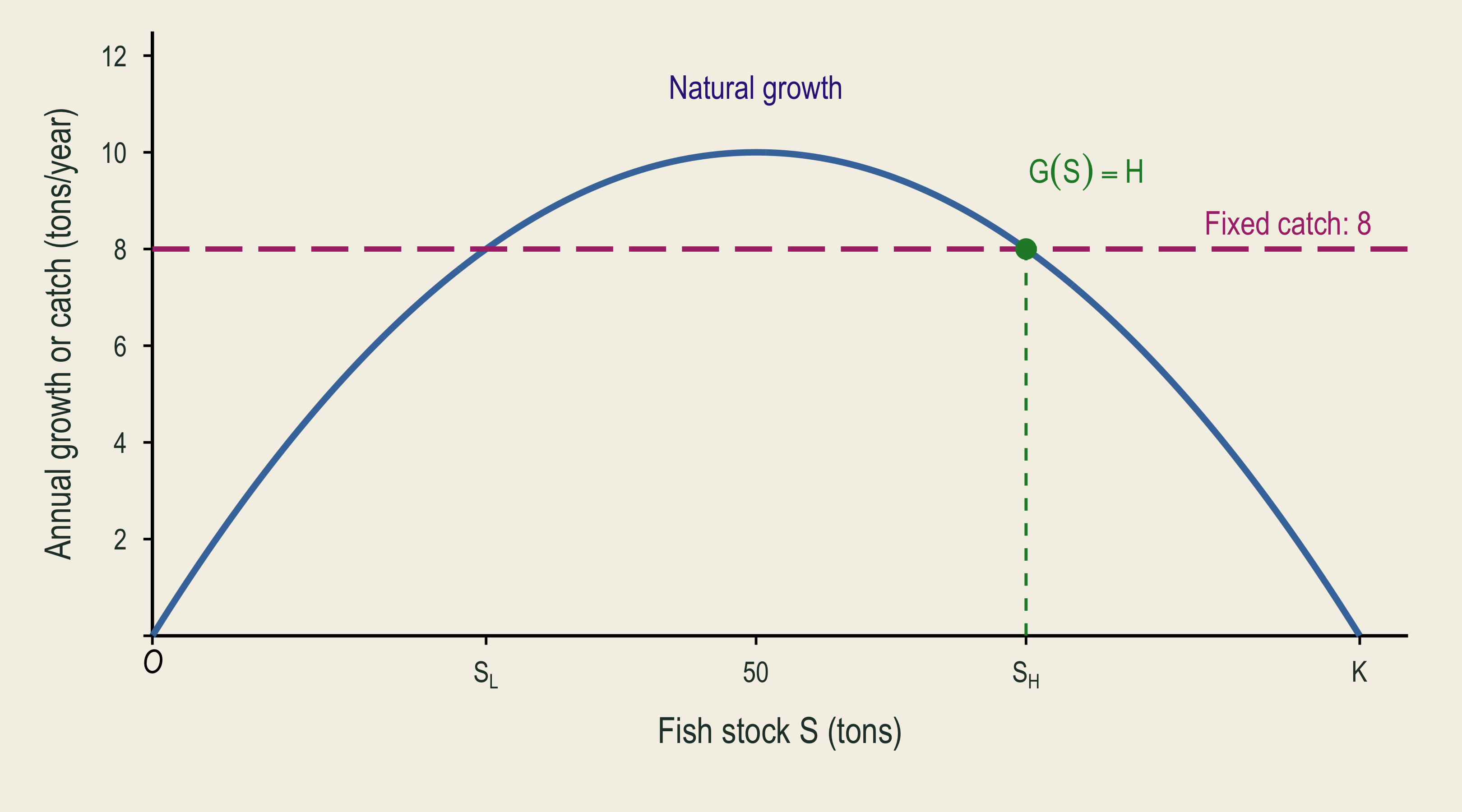 Annual catch of eight tons equals natural growth at the higher stock intersection.