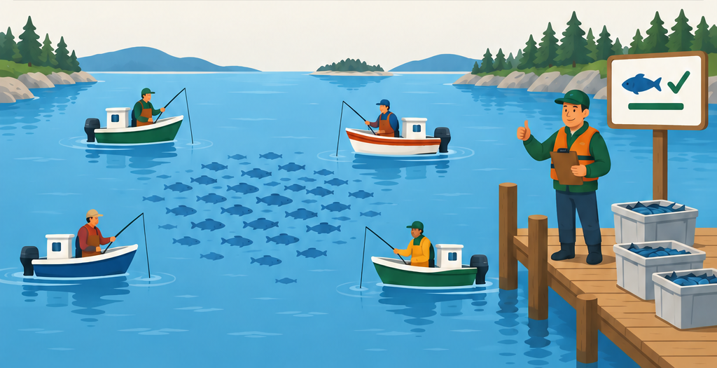 Four boats fish in a shared bay while a dock checker enforces the group maximum.