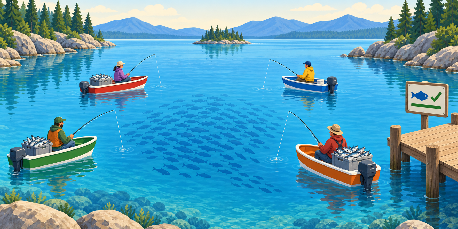 Four boats fish in a shared bay with an unattended catch-limit sign at the dock.
