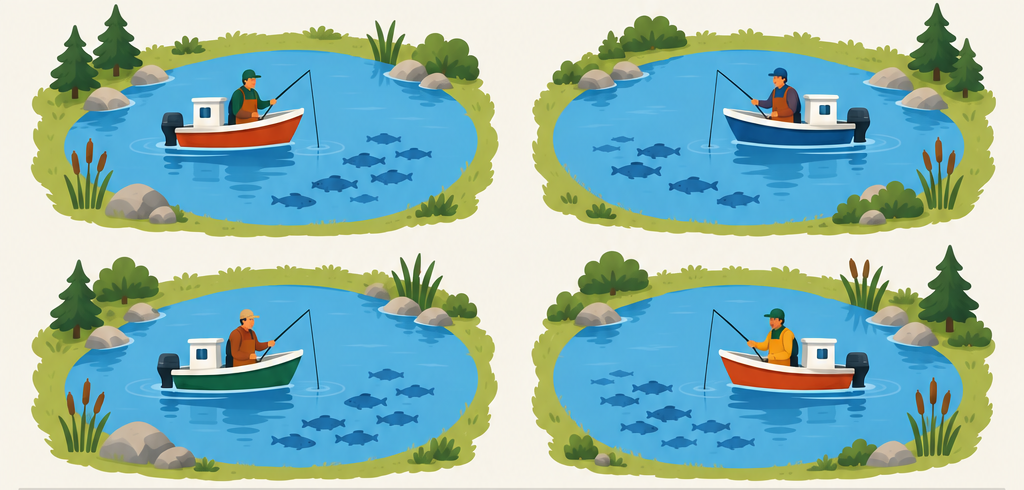 Four boats, each fishing in a separate pond.