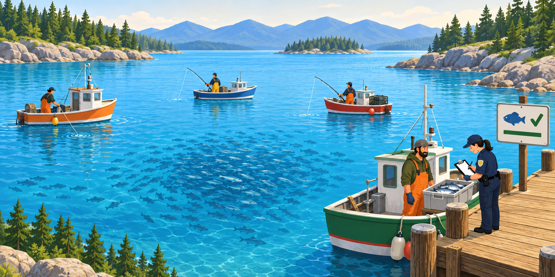 A dock inspector checks catches from boats returning from the shared bay while other boats continue fishing.