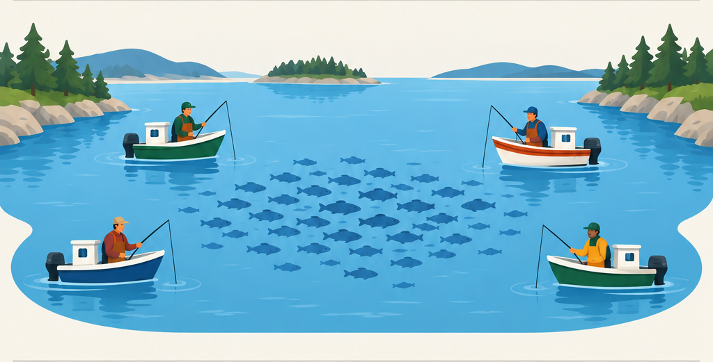 Four boats fish from one shared bay, drawing from the same fish stock.
