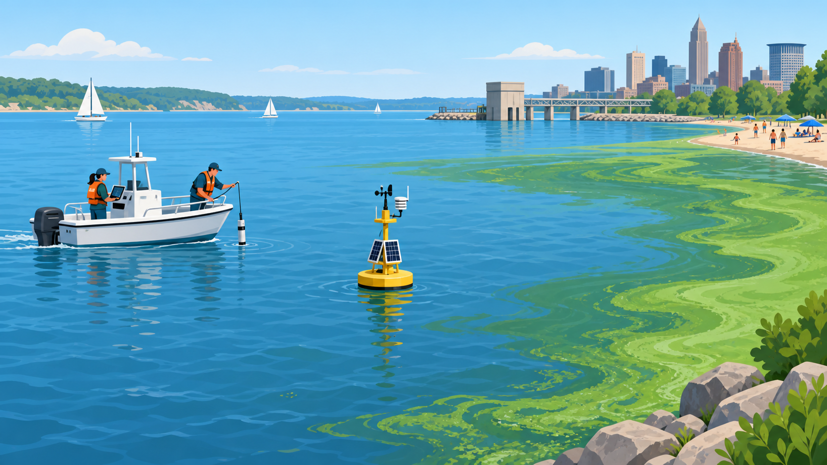 A monitoring crew samples Lake Erie near a research buoy as a green algal bloom approaches a water intake, city shoreline, beach, and recreational boats.