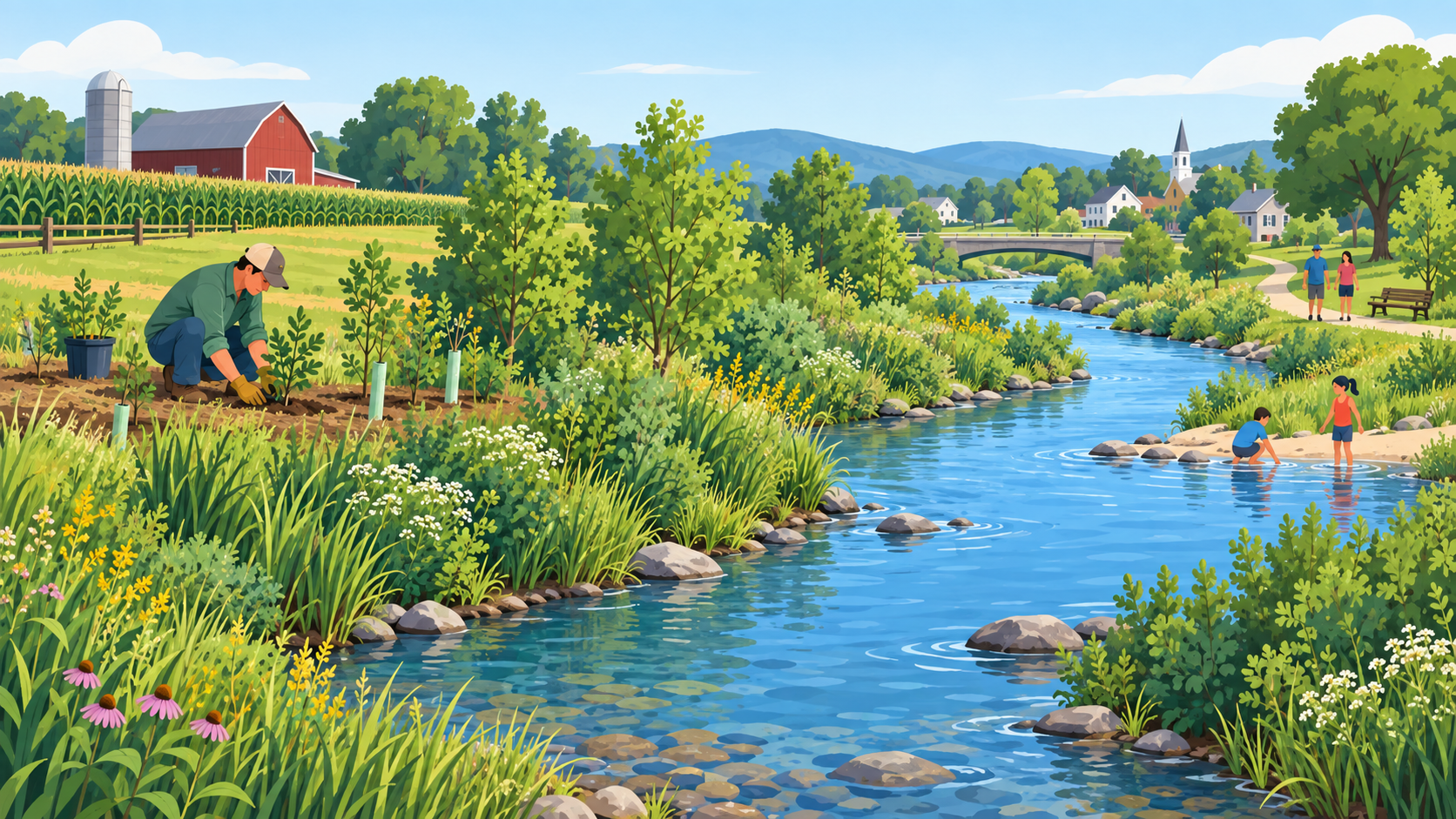 A landowner plants native vegetation along a stream that flows past farms toward a downstream community where people use the cleaner water.