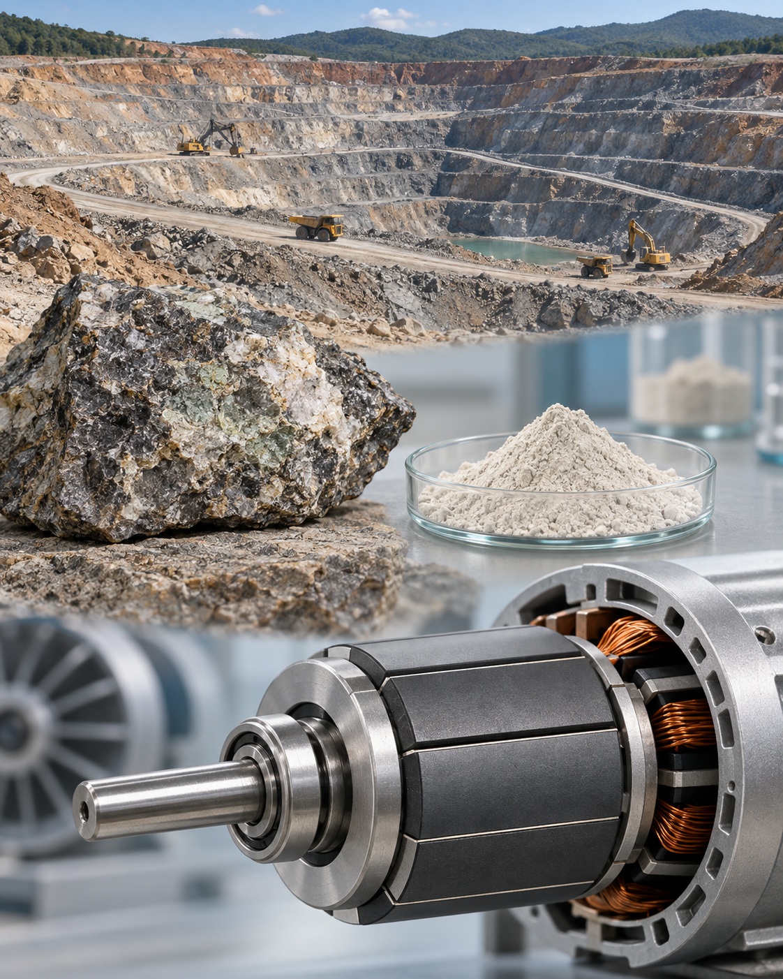 An educational illustration showing a mineral mine, neodymium-bearing ore, separated rare-earth oxide, and a permanent-magnet electric motor.
