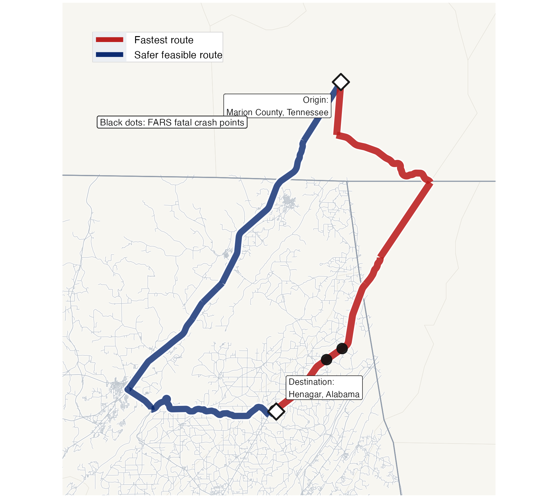 The instructor's research route map compares a red fastest route with a blue safer feasible route, with fatal-crash locations marked along the road network.