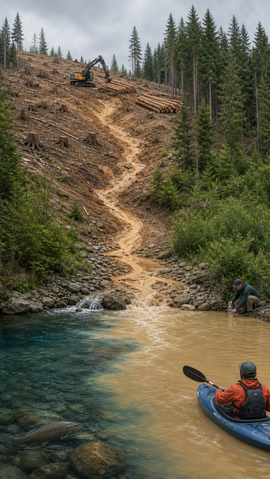 Timber harvesting on a forested slope sends sediment-laden runoff into a stream used by fish, recreationists, and downstream water users.